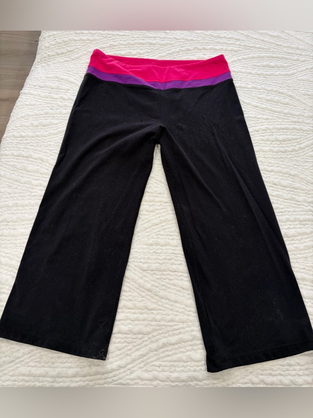 Woman’s Black Wide-Leg Yoga capris with Pink and Purple Waistband